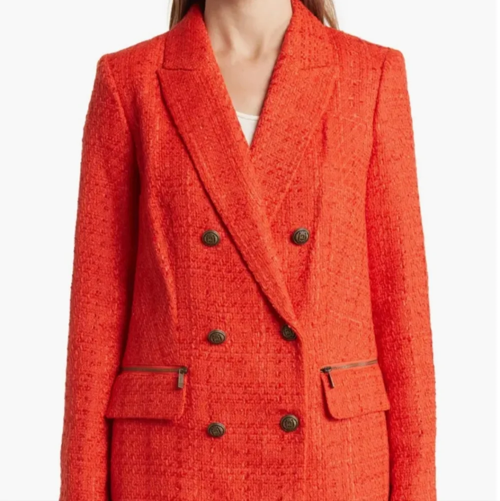NWT KARL LAGERFELD PARIS ORANGE TWEED DOUBLE BREASTED BLAZER - Picture 2 of 14